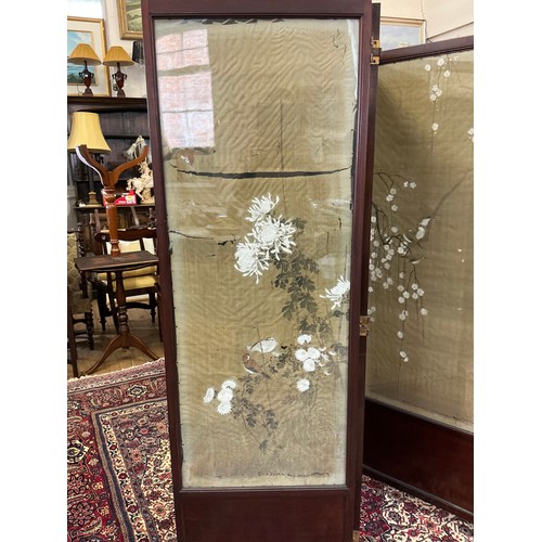 665 - An Arts & Crafts Four-Fold Dressing Screen with inset Japanese Silk Work Panels behind Glass. Measur... 