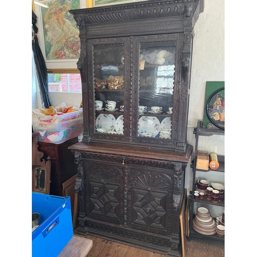 670 - A Victorian Pussycat Oak Bookcase with Fret Carved Door, Column Sides, Gadrooned Scroll over Top, Si... 