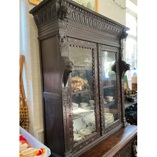670 - A Victorian Pussycat Oak Bookcase with Fret Carved Door, Column Sides, Gadrooned Scroll over Top, Si... 