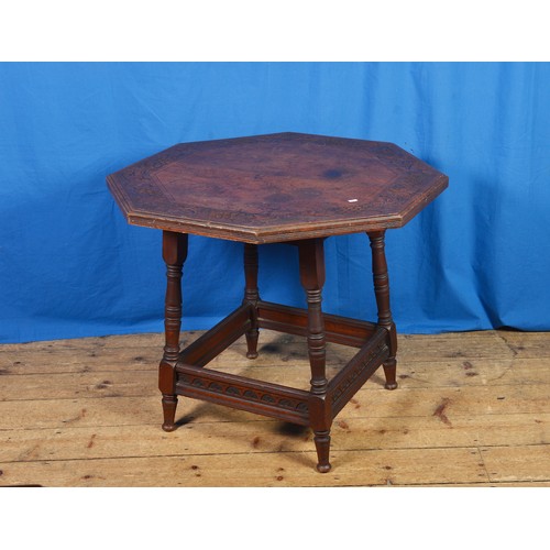 671 - A Late 19th Century Carved Oak Hexagonal Topped Drawing Room Table resting on turned legs decorated ... 
