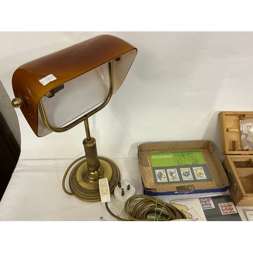 694 - A Vintage Brass effect Students Lamp with a Smokey Glass shade, a Microscope & a quantity of First D... 