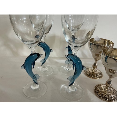 706 - A Set of Four Italian Glasses with Dolphins & Four Silver Plated Wine Goblets.