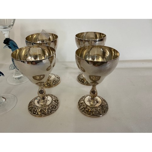 706 - A Set of Four Italian Glasses with Dolphins & Four Silver Plated Wine Goblets.