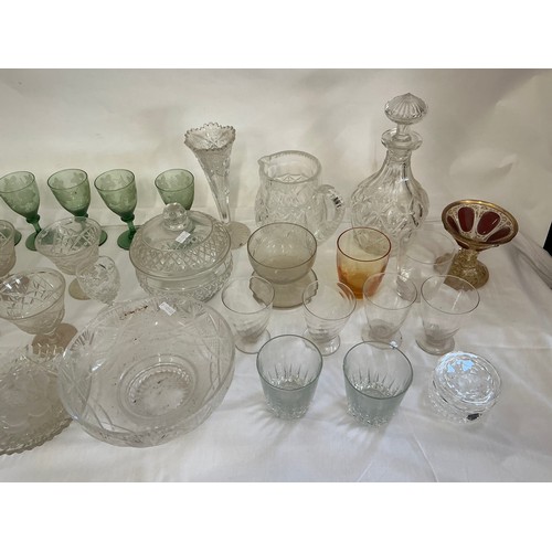 708 - A Collection of Glass to include Green Tinted Leaf engraved, Bowl & Cover, Jugs, etc.