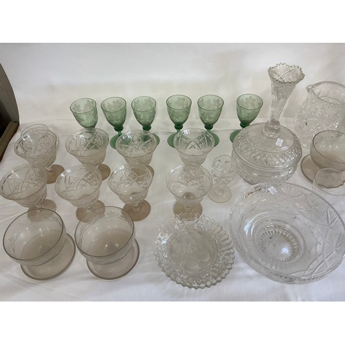 708 - A Collection of Glass to include Green Tinted Leaf engraved, Bowl & Cover, Jugs, etc.