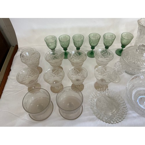 708 - A Collection of Glass to include Green Tinted Leaf engraved, Bowl & Cover, Jugs, etc.