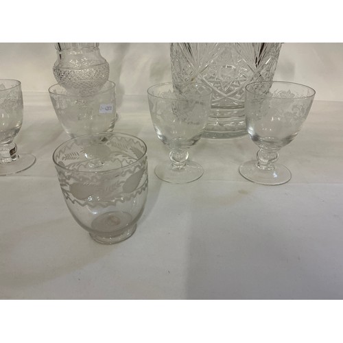 711 - A Champagne Bucket with Loop Handles, Five Grape decorated Glasses & a Thistle shaped Vase.