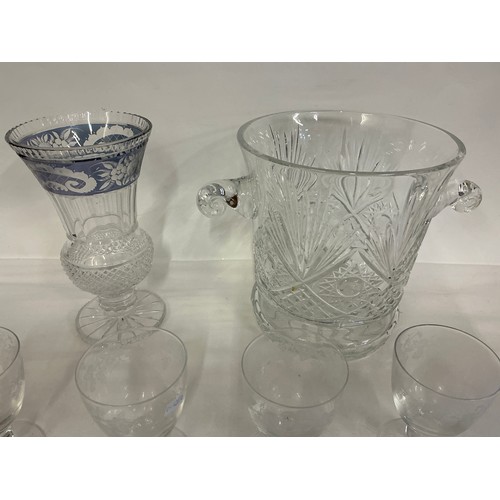 711 - A Champagne Bucket with Loop Handles, Five Grape decorated Glasses & a Thistle shaped Vase.