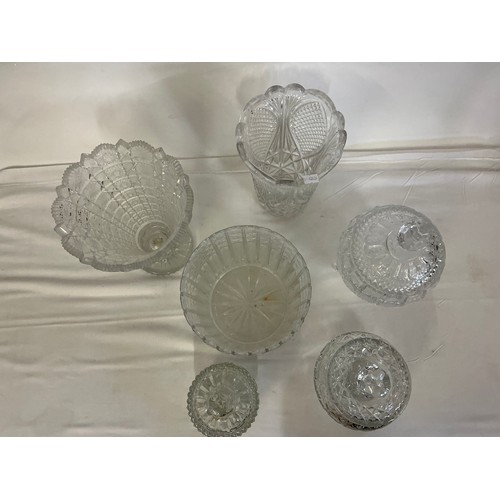 721 - A Cut Glass Vase, two others & three Bowls & Covers.