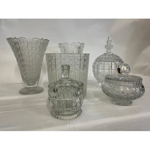 721 - A Cut Glass Vase, two others & three Bowls & Covers.
