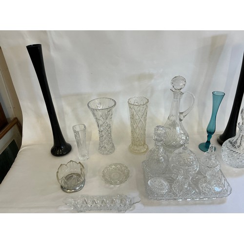 727 - A Collection of Glass to include a Cutglass Claret Jug, Dressing Table Set, Vases, Trumpet Vases, et... 