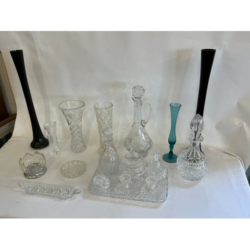727 - A Collection of Glass to include a Cutglass Claret Jug, Dressing Table Set, Vases, Trumpet Vases, et... 