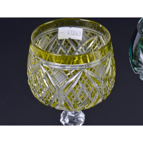 730 - Two Green Cut & Faceted Hock Glasses on faceted stems & Star Cut Bases one other in Olive Green. (AF... 