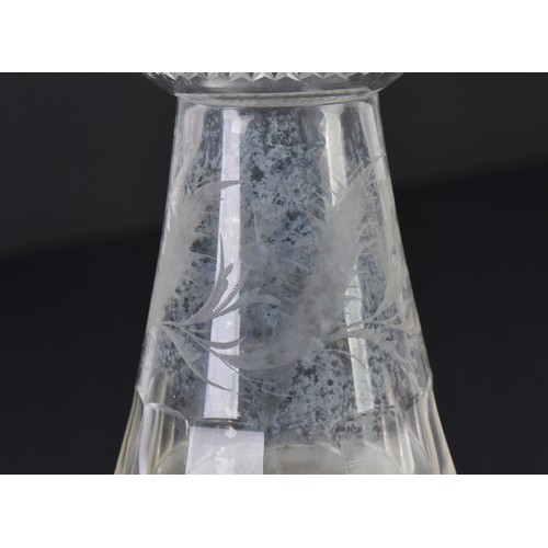 731 - A Cut Glass Whiskey Thistle Shaped Decanter with Handle & Hobnail cut & Stopper. Measuring: 30cms Hi... 