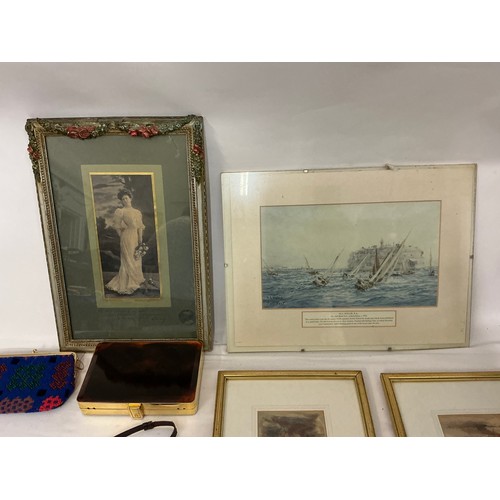 744 - A Vintage Dunhill Leather Wallet, other Wallets, Handbag, Two Water Colours of Boats, a Wylle Print,... 