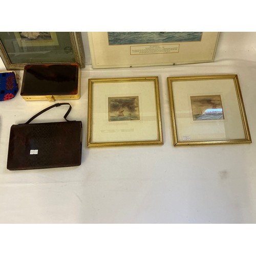 744 - A Vintage Dunhill Leather Wallet, other Wallets, Handbag, Two Water Colours of Boats, a Wylle Print,... 