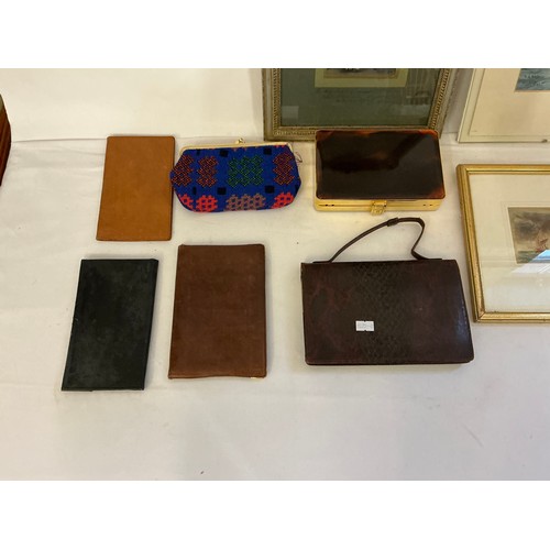 744 - A Vintage Dunhill Leather Wallet, other Wallets, Handbag, Two Water Colours of Boats, a Wylle Print,... 
