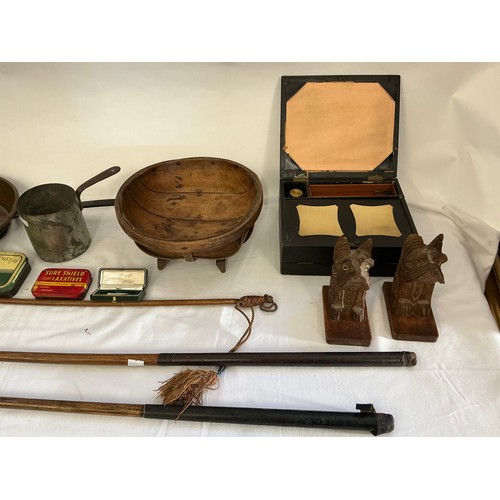 746 - A Victorian Writing Case, Super 8 Film Holder, Two Scottie Dog Bookends, Two Saucepans, Two Hickory ... 