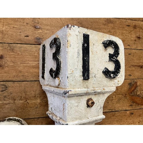 759 - A Vintage Wooden & Cast Iron Railway No: 13 Mile Marker. Measuring: 93cms High. Along with Two Porce... 