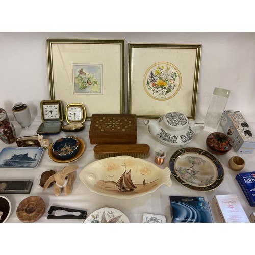 798 - A Collection of various Collectables to include two Travelling Clocks, Two Pictures, Tea Pot, Miniat... 