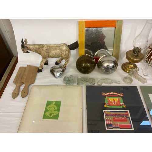 799 - A small Brass Oil Lamp, Glass Ornaments, a Pair of Butter Pats, Glass Balls, Mirror, Advertising Pic... 