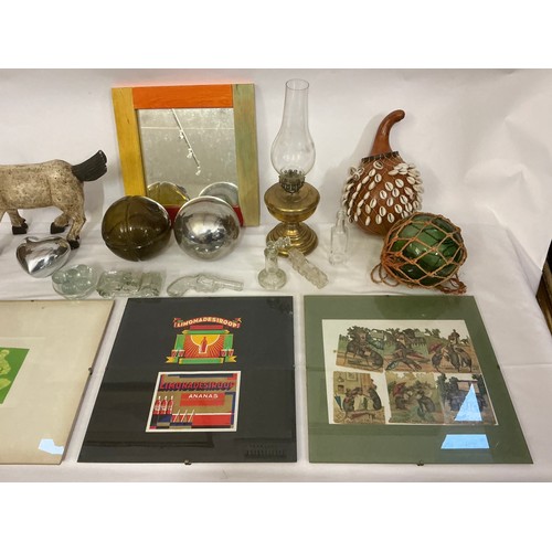 799 - A small Brass Oil Lamp, Glass Ornaments, a Pair of Butter Pats, Glass Balls, Mirror, Advertising Pic... 