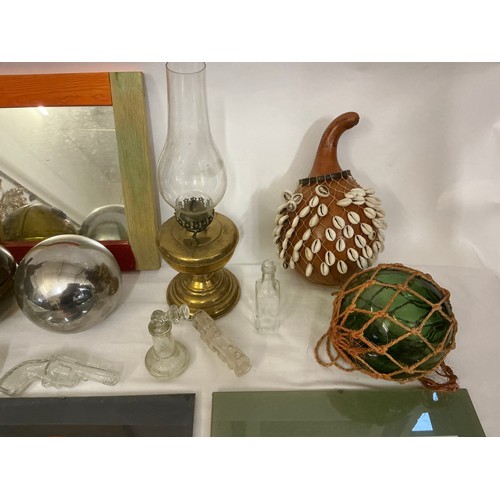 799 - A small Brass Oil Lamp, Glass Ornaments, a Pair of Butter Pats, Glass Balls, Mirror, Advertising Pic... 