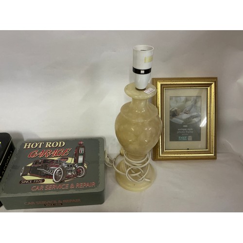 801 - A Onyx Table Lamp, various Tins, 5 x Photo Frames, etc.