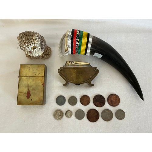 816 - Two Table Top Lighters including one Ronson, Various Coins, etc.