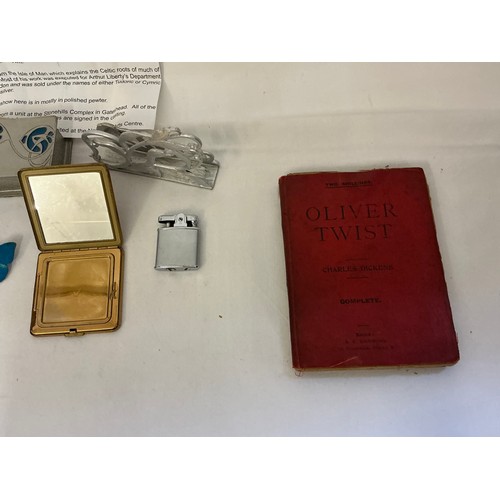 818 - A Kevin Mason trinket box, Past Times Stamp Box, Letter Rack, Lighter, Oliver Twist Book by Charles ... 