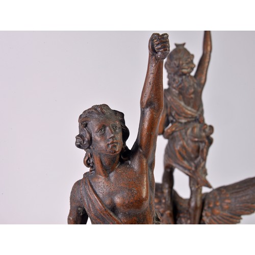 882 - A Pair of French Spelter Victoire on Eagle Statuettes on Limestone Bases. Measuring: 51cms High.