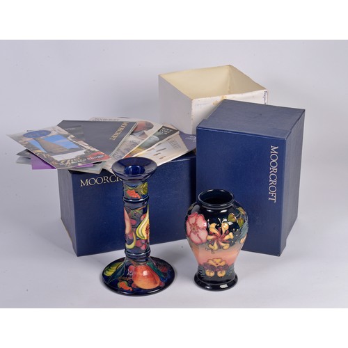 902 - A Moorcroft Blue Glazed Candlestick & a similar Fuchsia designed Vase Complete with Boxes & Paperwor... 