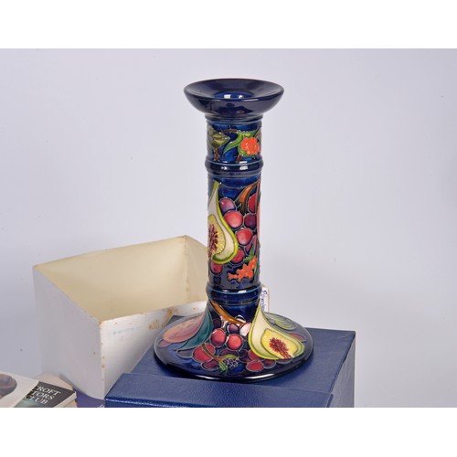 902 - A Moorcroft Blue Glazed Candlestick & a similar Fuchsia designed Vase Complete with Boxes & Paperwor... 