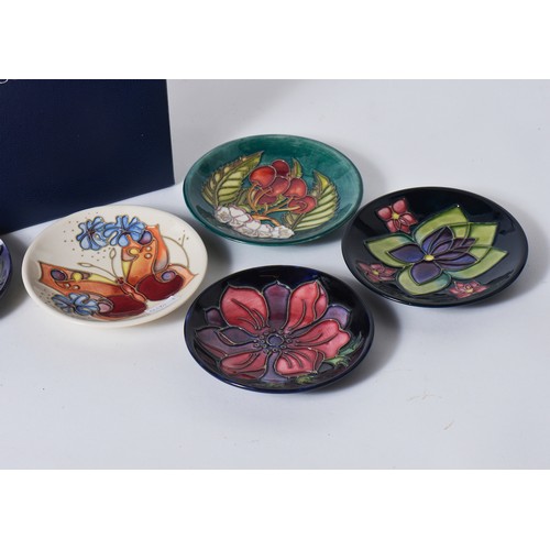 906 - Five various Moorcroft Pin Dishes decorated with Butterflies, Fruit & Flowers Complete with one Orig... 