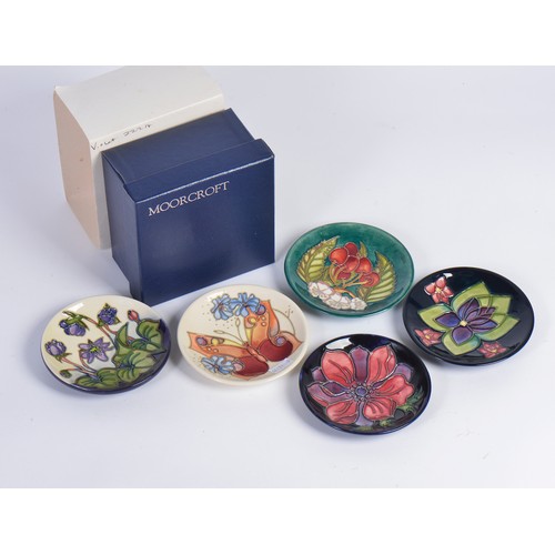 906 - Five various Moorcroft Pin Dishes decorated with Butterflies, Fruit & Flowers Complete with one Orig... 
