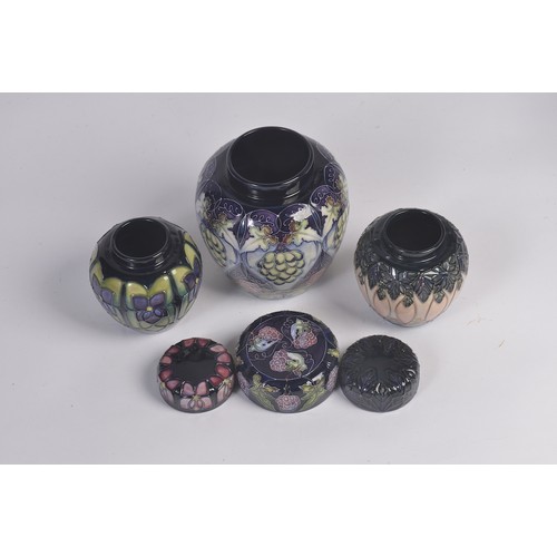 910 - A Grape decorated Moorcroft Ginger Jar & Cover along with Two Smaller Moorcroft Ginger Jars & Covers... 