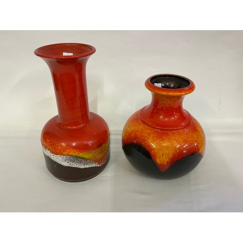 920 - Two Fat Lava German Runny Glazed Red & Brown Vases, one Squat & one Narrow Neck. Measuring: 30cms & ... 