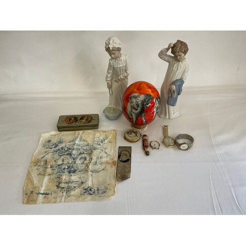 926 - A Pair of Nao Figurines, a Painted Ostrich Egg by Stanley Rowe, three Wristwatches, Queen Victoria B... 