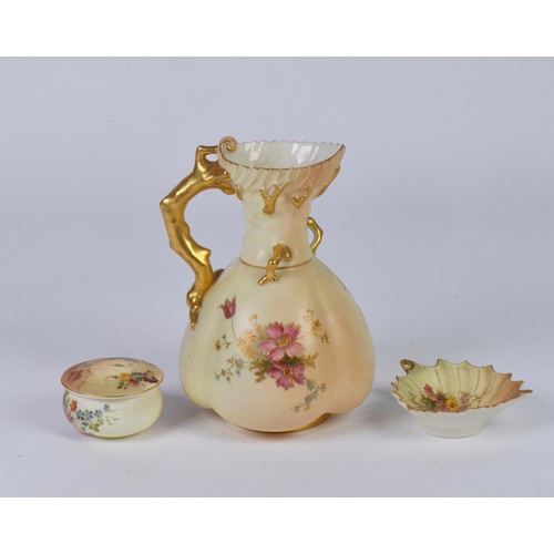 927 - A Royal Worcester Large Jug Peach Ground decorated with Summer Flowers along with a Rouge Pot & Trin... 