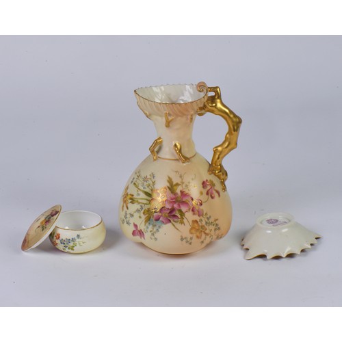 927 - A Royal Worcester Large Jug Peach Ground decorated with Summer Flowers along with a Rouge Pot & Trin... 