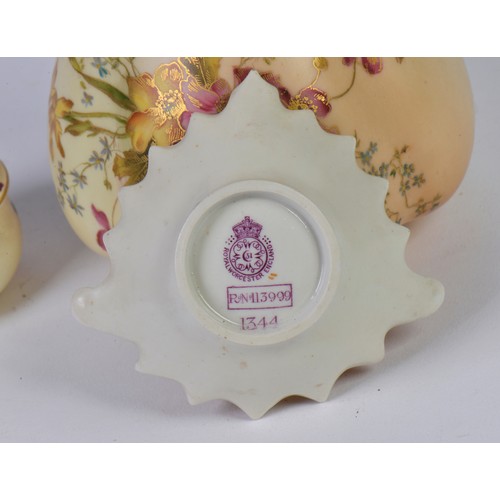 927 - A Royal Worcester Large Jug Peach Ground decorated with Summer Flowers along with a Rouge Pot & Trin... 