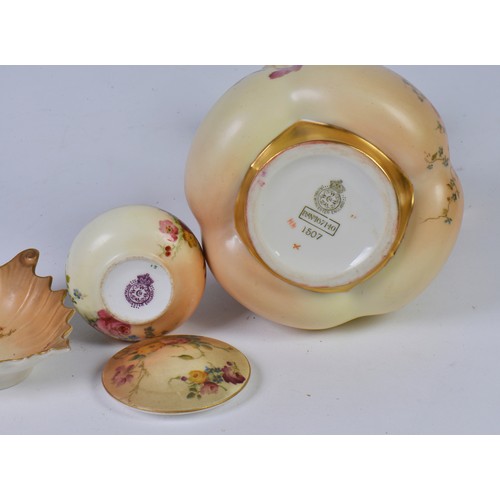 927 - A Royal Worcester Large Jug Peach Ground decorated with Summer Flowers along with a Rouge Pot & Trin... 