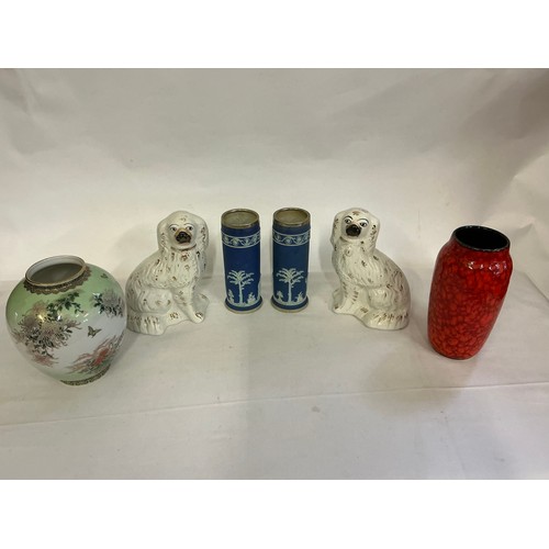 934 - A Pair of Staffordshire Digs, a Pair of Wedgwood Blue & White Vases with Silver Plated tops & two va... 