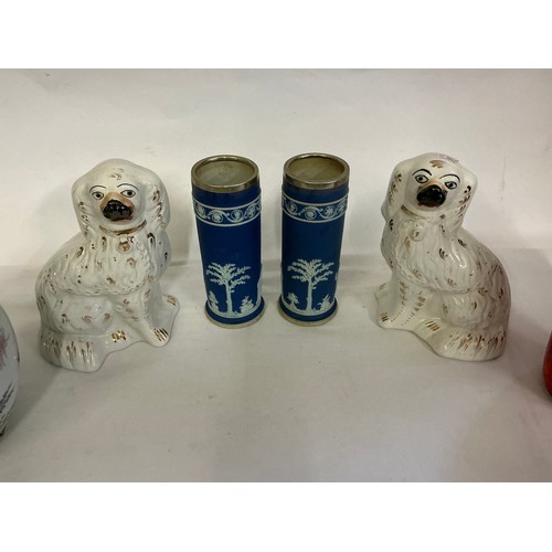 934 - A Pair of Staffordshire Digs, a Pair of Wedgwood Blue & White Vases with Silver Plated tops & two va... 