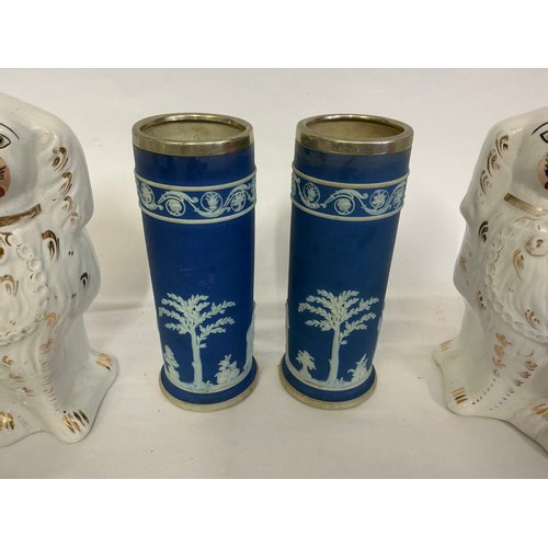 934 - A Pair of Staffordshire Digs, a Pair of Wedgwood Blue & White Vases with Silver Plated tops & two va... 