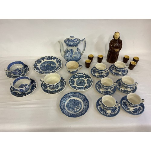 935 - A Blue & White Copeland Spode's Italian Coffee Pot, Enoch Wedgwood Saucers, Blue & White Coffee Cups... 