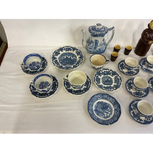 935 - A Blue & White Copeland Spode's Italian Coffee Pot, Enoch Wedgwood Saucers, Blue & White Coffee Cups... 