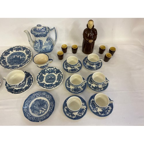935 - A Blue & White Copeland Spode's Italian Coffee Pot, Enoch Wedgwood Saucers, Blue & White Coffee Cups... 