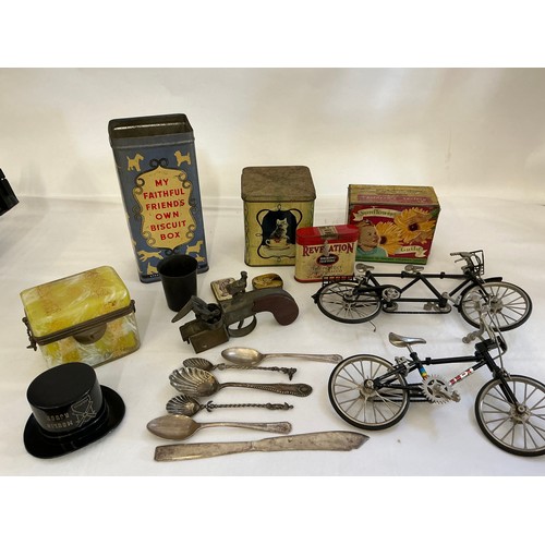 814 - A Dunhill Cigarette Lighter, Two modern Bicycle's, a Glass Jewellery Casket, Advertising Tins, etc.