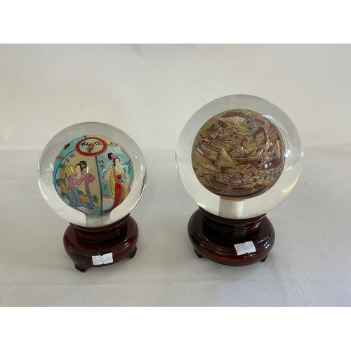 Two Chinese Interior painted Revolving 'Crystal Balls' on Wooden Stands ...